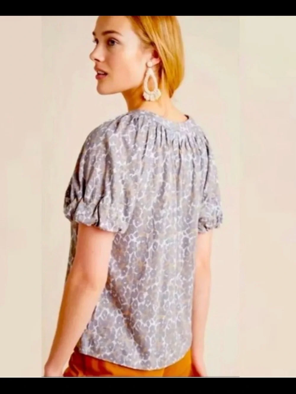 Anthropologie Maeve Linen Leopard Top Puff Sleeve
